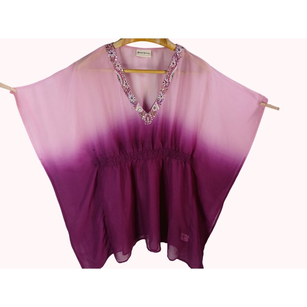 Rhona Sutton Ombre Pink Purple Beaded V Neck Sheer Tunic Top Cover Up Size M - Picture 4 of 11